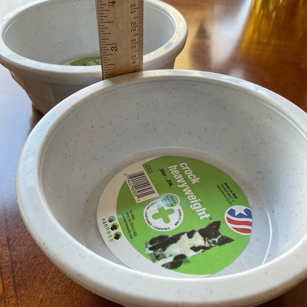 Set of Two Light Gray Crock Heavyweight Pet Bowls, (dog or cat) made in USA NWT